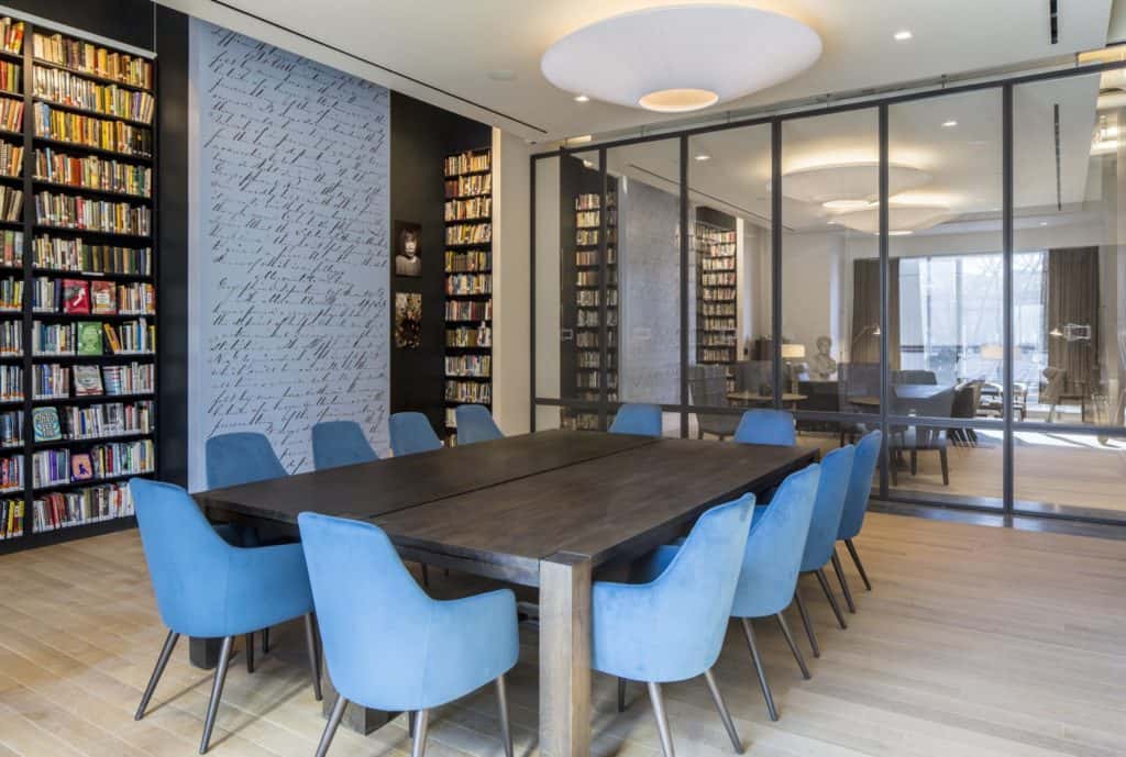 Reading Room blue chairs and glass partition